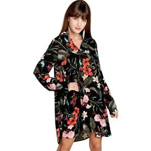 ODDI Black Long Sleeve Floral Print Collared V-Neck Mini Dress ID12295